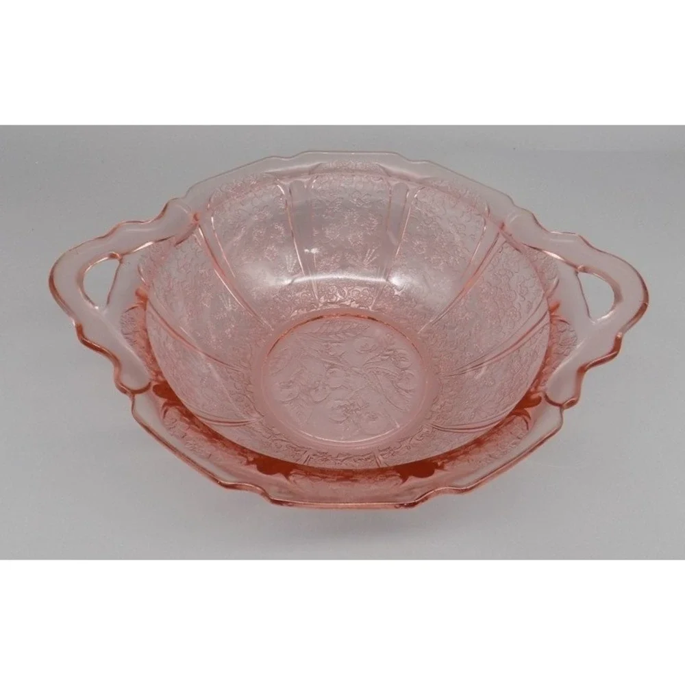 Jeannette Pink Cherry Blossom Depression Glass Handled Bowl Floral Patterns 1930